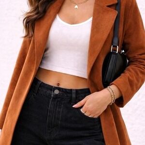 Forever 21 Faux Suede Trench Coat Brown Open Front Jacket M NWT